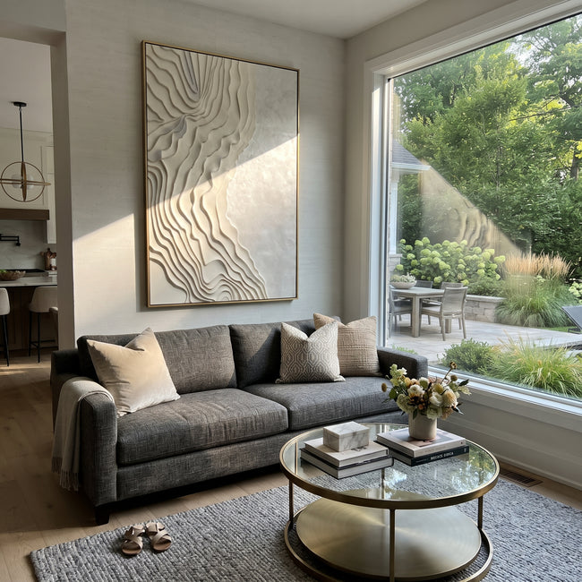 "Grounded Carved Channel Relief" - Modern Heavy Impasto Abstract Textured Artwork | White & Beige Palette Knife Painting | Luxury Vertical Wall Art #Q 538