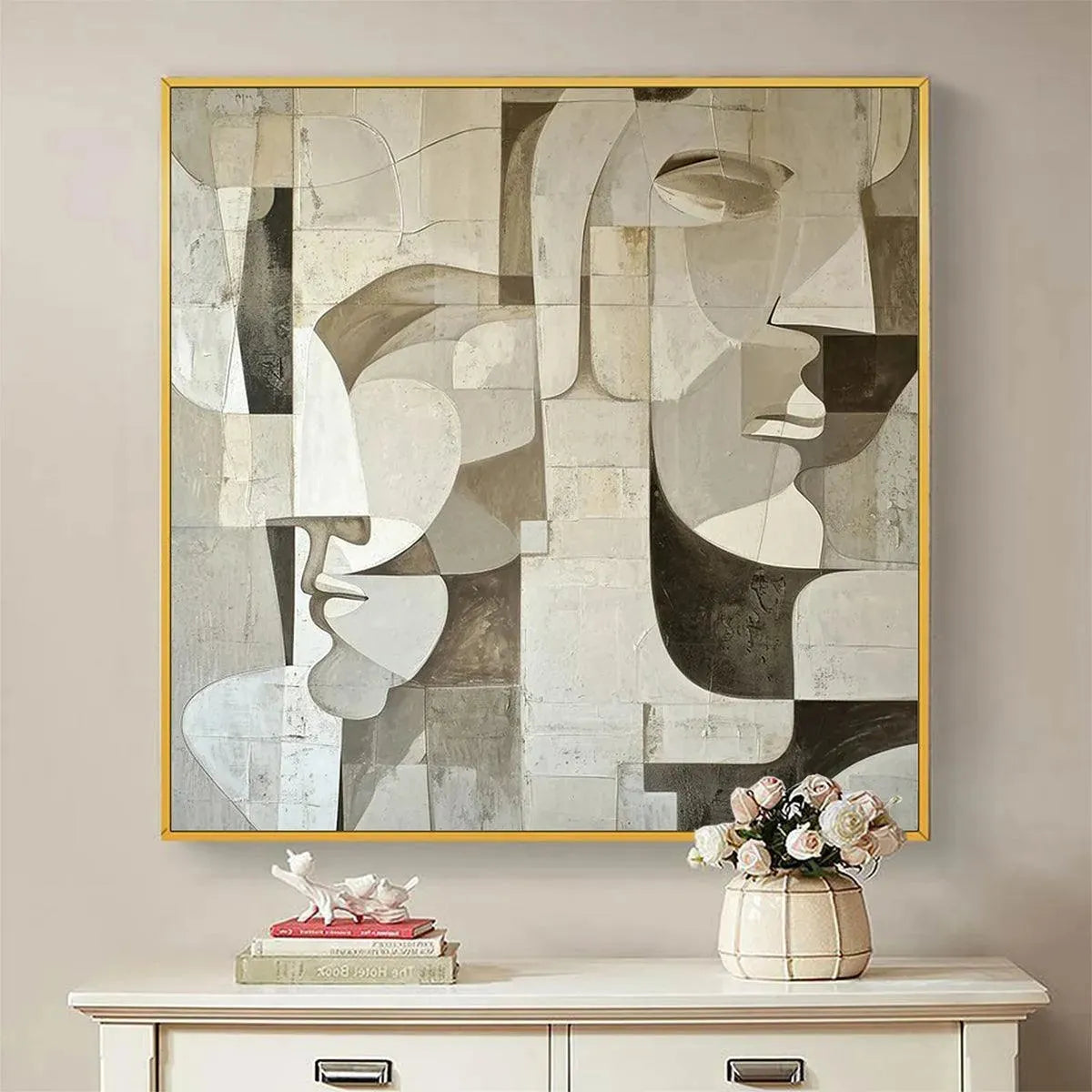ABSTRACT FACES: Cubist Painting, Neutral Tones Wall Art, Square Can... — Front View | Abstract Oil Painting for Home Decor