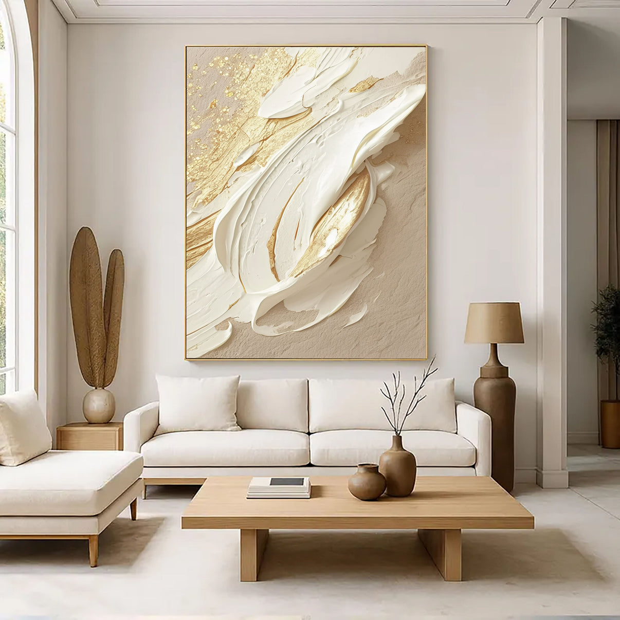 Aureate Impasto Swirl | Ivory Gleam — Front View | Abstract Oil Painting for Home Decor
