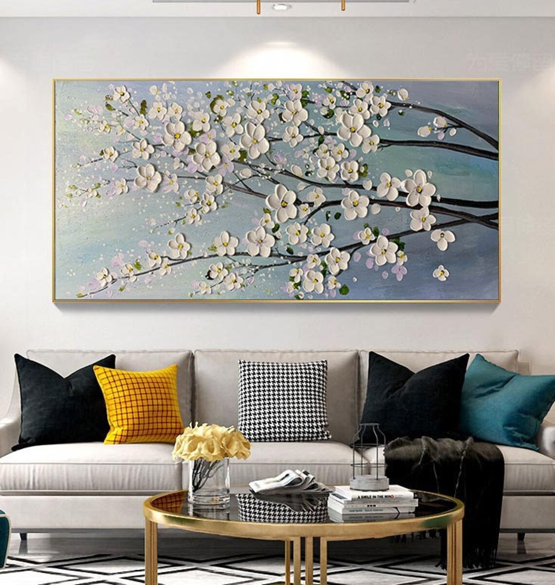 3D White Flower Abstract Oil Painting — Front View | Abstract Oil Painting for Home Decor