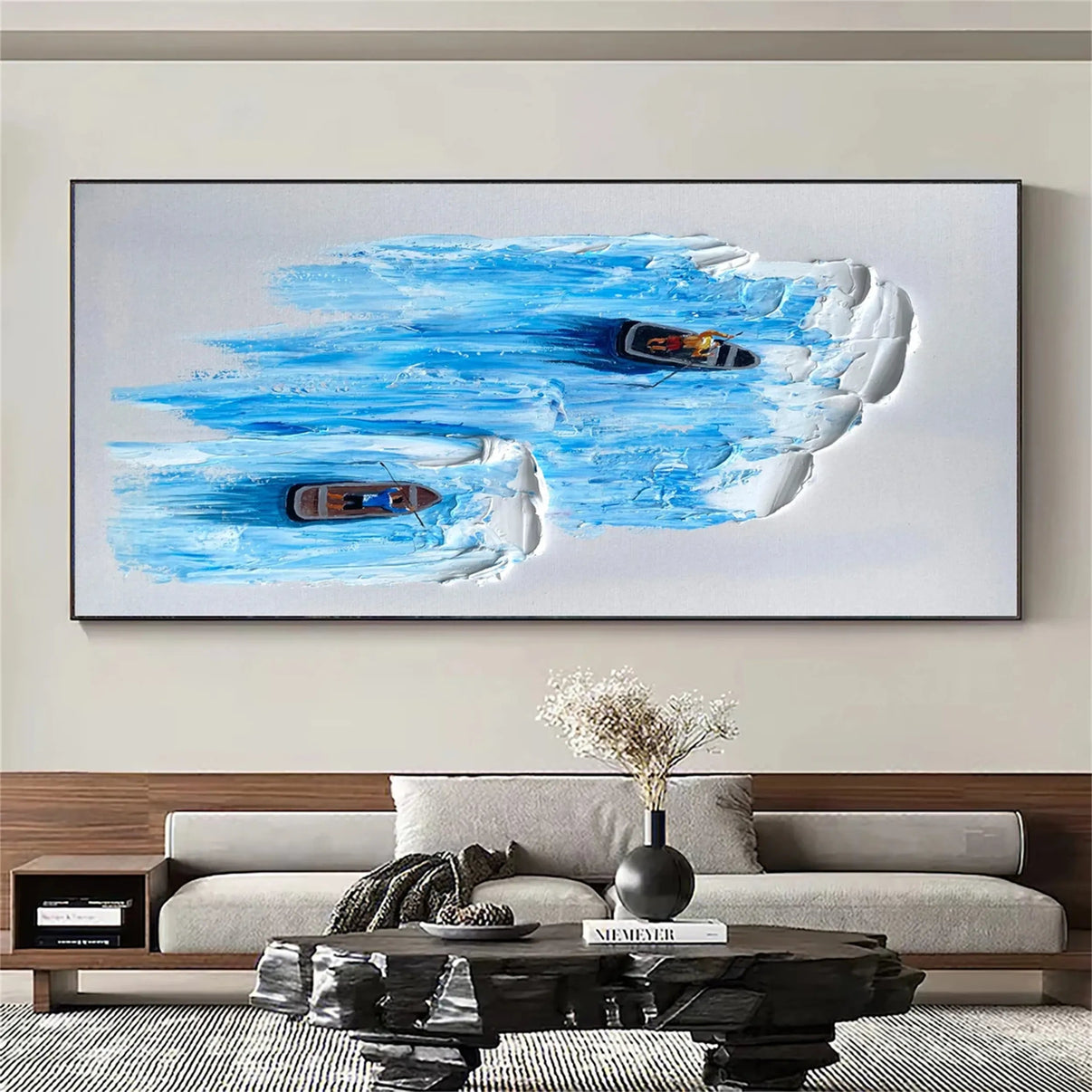 3D Textured | Large Blue Ocean Boat Decor... | Canvas Art | QSQart — Front View | Abstract Oil Painting for Home Decor