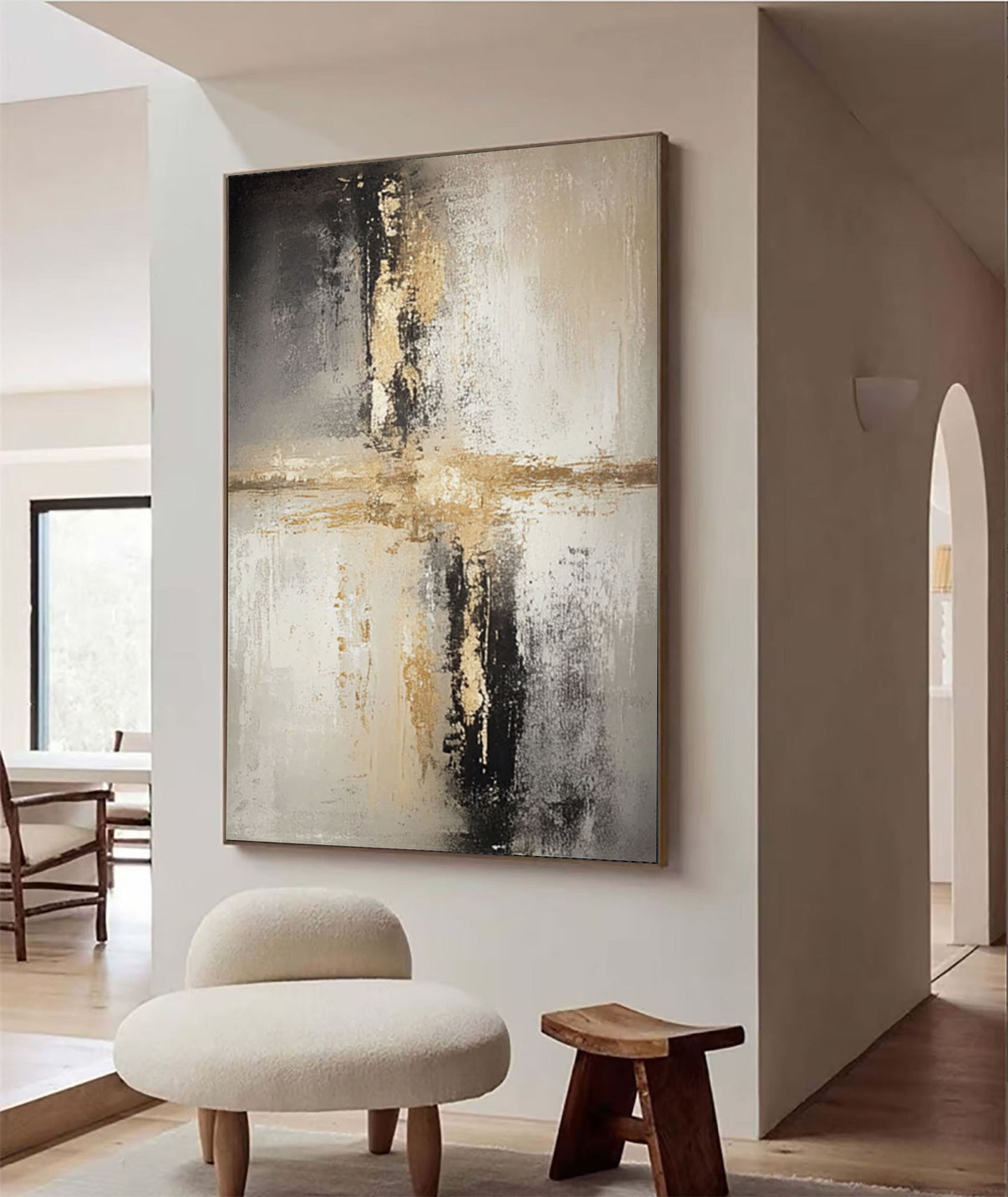 Abstract Canvas with Neutral Tones and Glimmering Center #BGA 292 — Front View | Abstract Oil Painting for Home Decor