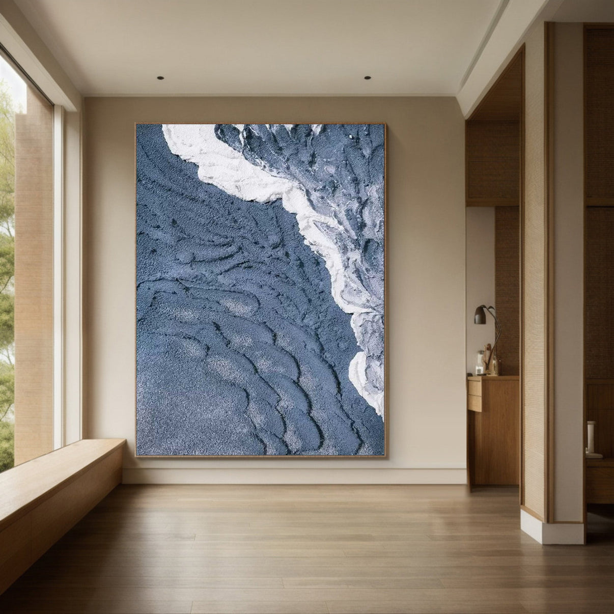 3D Textured Aerial Seascape, Minimalist Blue and White Art #BGA 164 — Front View | Abstract Oil Painting for Home Decor