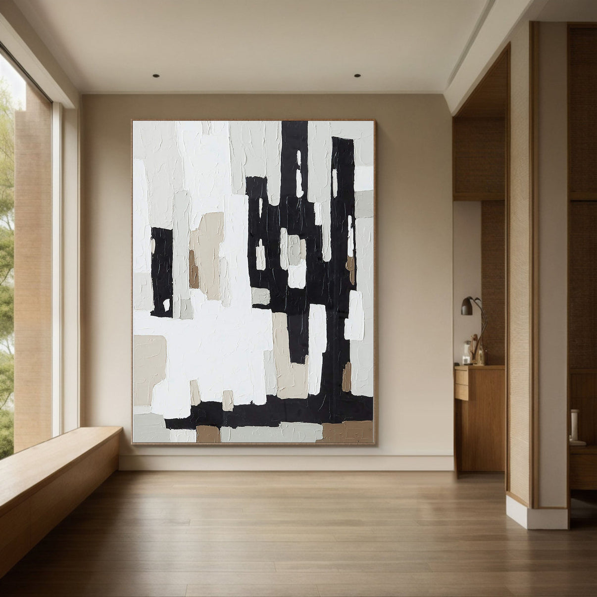 Abstract Geometric Painting With Black, White And Beige #BGA 039 — Front View | Abstract Oil Painting for Home Decor