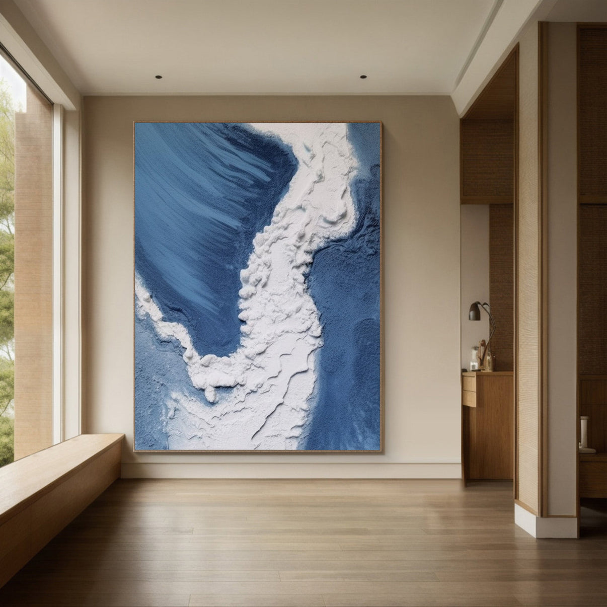 3D Textured Aerial Ocean, Minimalist Blue and White Art #BGA 247 — Front View | Abstract Oil Painting for Home Decor