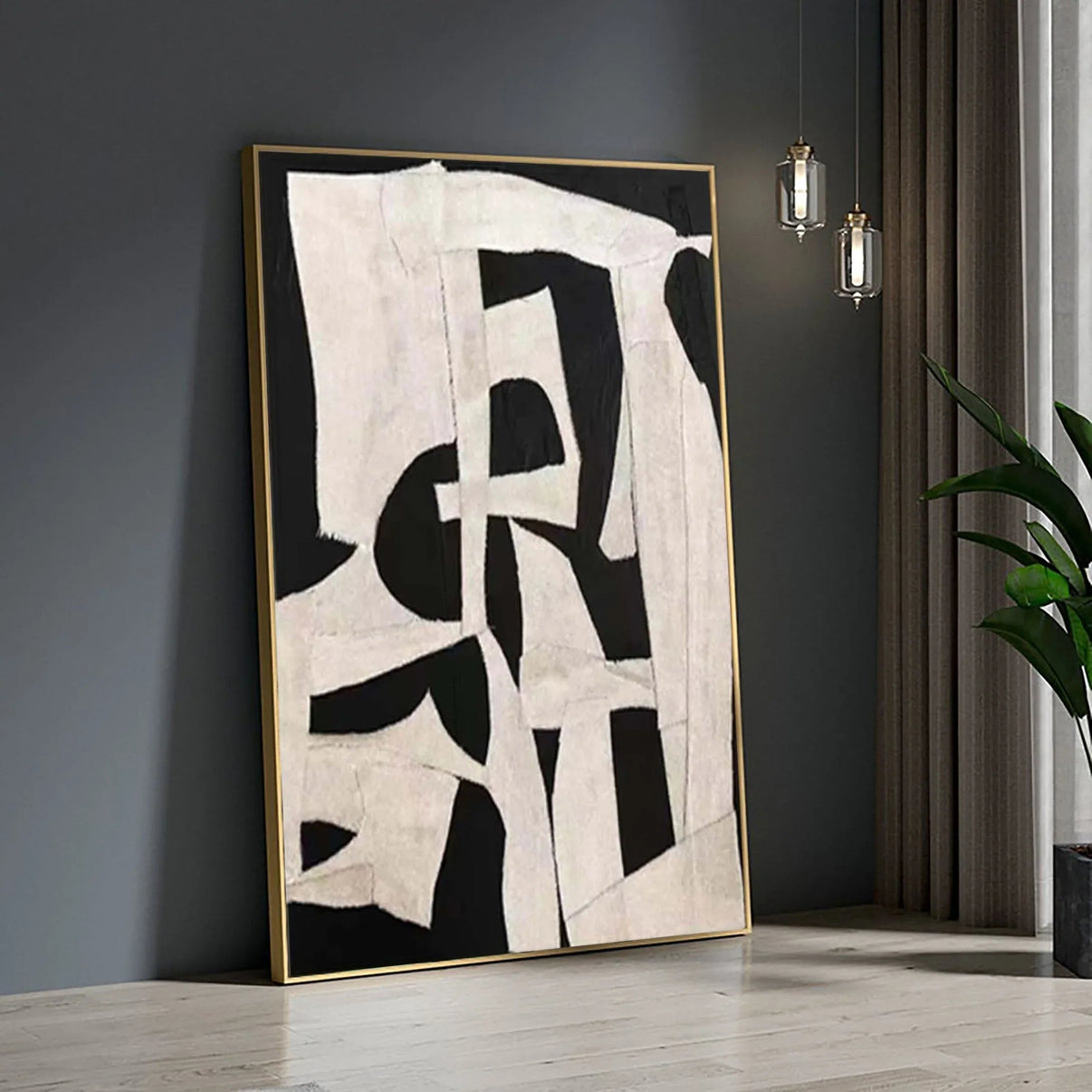 Abstract Harmony-Modern Minimalist Decoration Black and White Geome... — Front View | Abstract Oil Painting for Home Decor