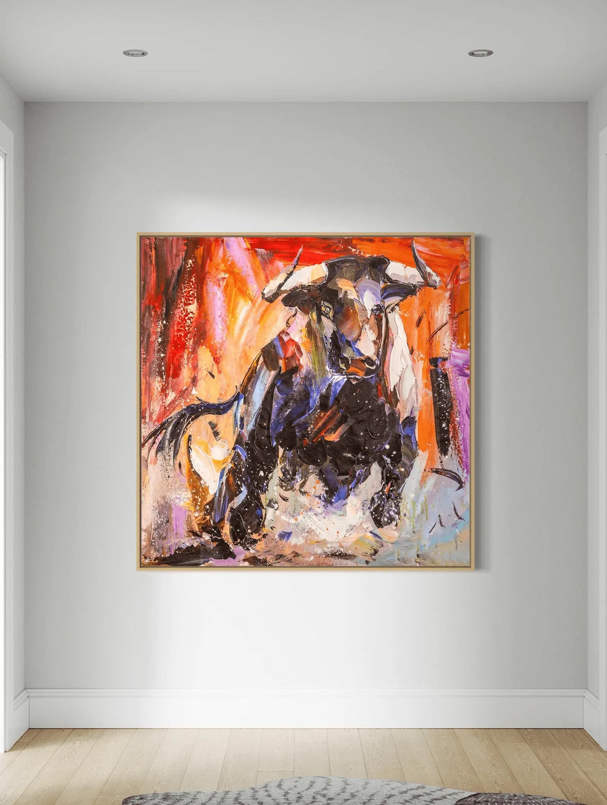 ANGRY BULL | Hand-Painted Canvas Art | QSQart — Front View | Abstract Oil Painting for Home Decor