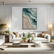 "3D-Textured Art｜Blue Green Coastal Wall" - Modern Heavy Impasto Coastal Landscape | 3D Rich Color Palette Knife Painting | Luxury Vertical Wall Art #Q 47