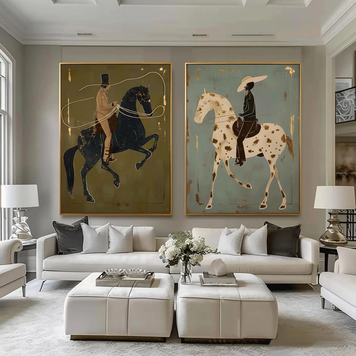 "Vintage Americana Art" - Modern Heavy Impasto Western Animal Artwork | Rich Color Palette Knife Painting | Luxury Two-Panel Vertical Wall Art #Q 2