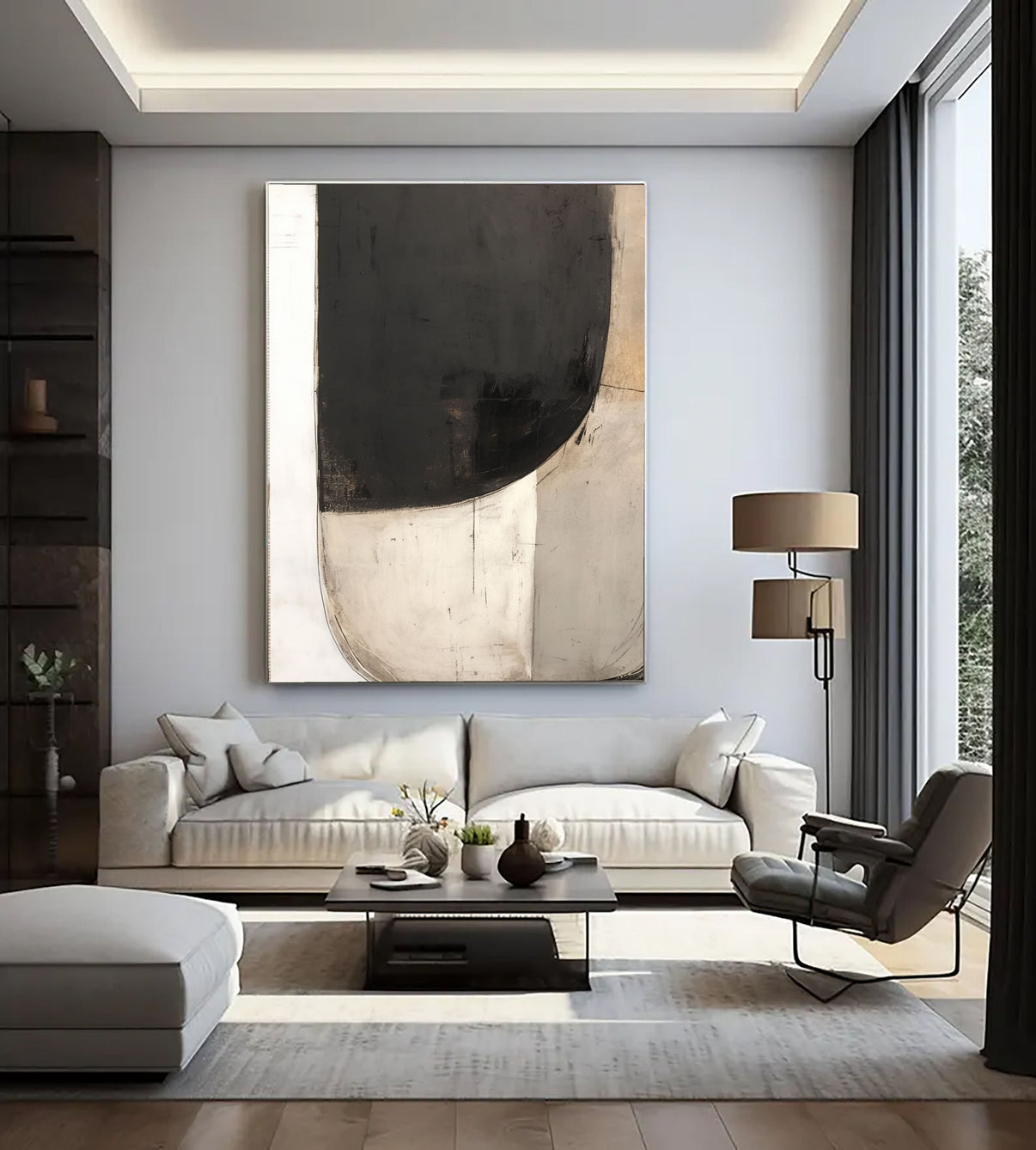 Abstract Curve Sophistication | Black Beige — Front View | Abstract Oil Painting for Home Decor