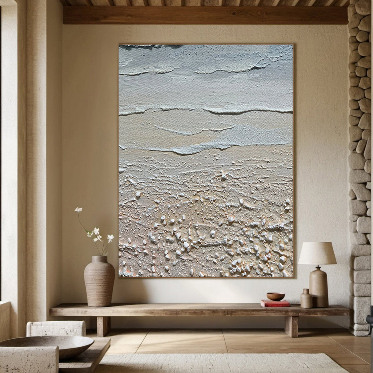 3D Textured Coastal Art | Sand and Sea Abstract Painting #JJ 068 — Front View | Abstract Oil Painting for Home Decor