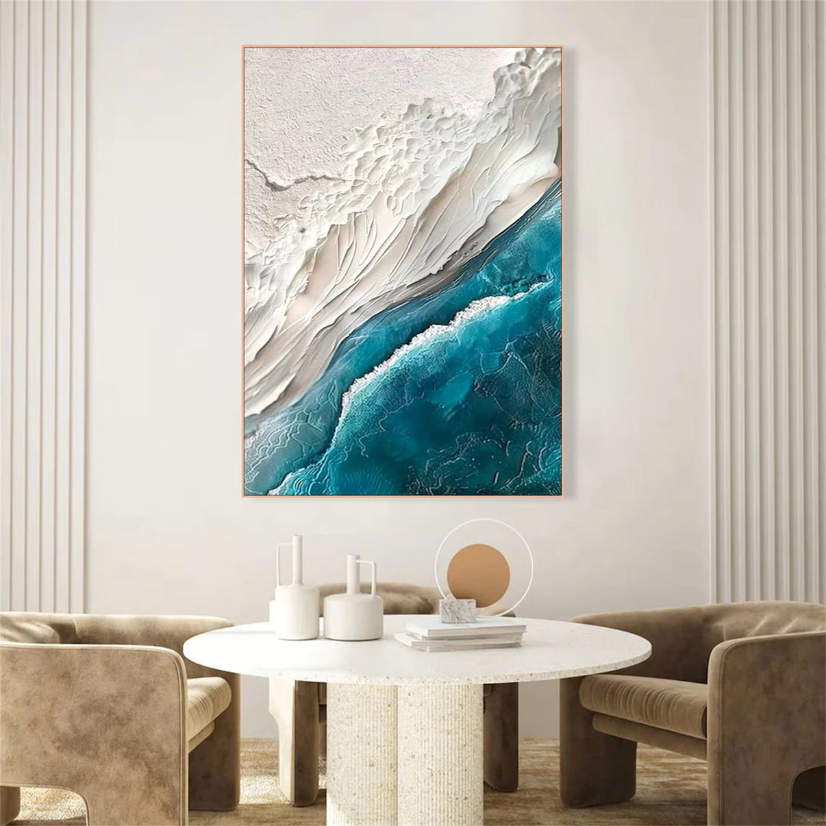 3D Plaster Style Wall Art | Vertical Coastal Ocean Wave Canvas #ZZ 067 — Front View | Abstract Oil Painting for Home Decor