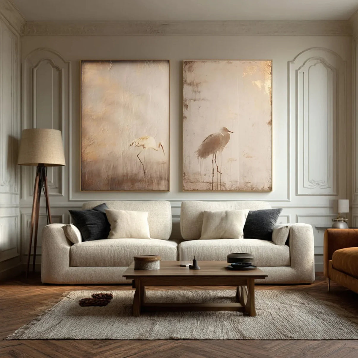 Abstract Animal Art Crane Wall Art Set of 2 #AT055 — Front View | Abstract Oil Painting for Home Decor