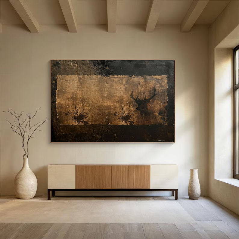 Aged Rustic Silhouette | Horned Shadow — Front View | Abstract Oil Painting for Home Decor