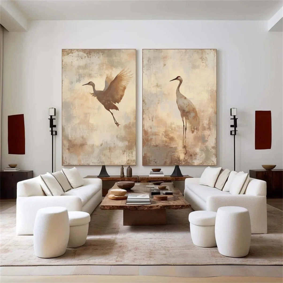 Abstract Animal Art Crane Wall Art Set of 2 #AT056 — Front View | Abstract Oil Painting for Home Decor