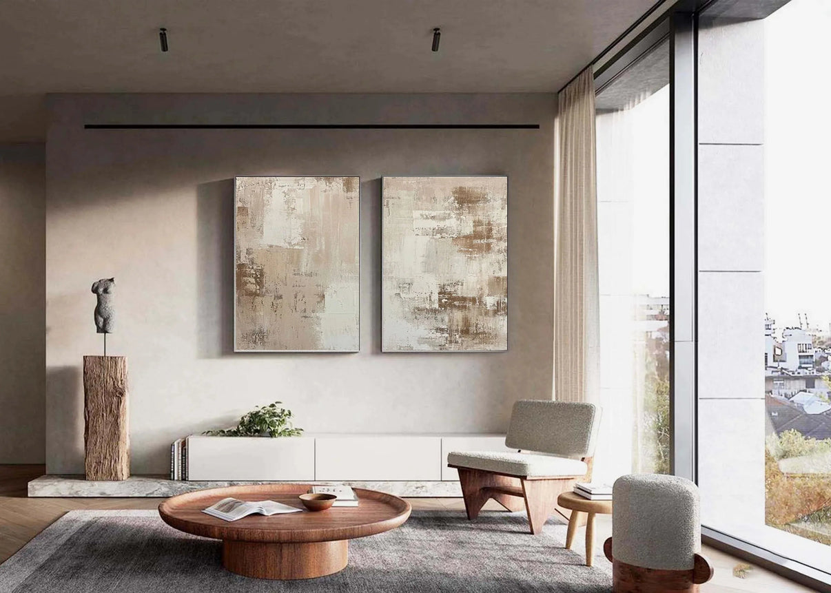 Abstract Elegance- Neutral Textured Canvas Set SET OF 2 — Front View | Abstract Oil Painting for Home Decor