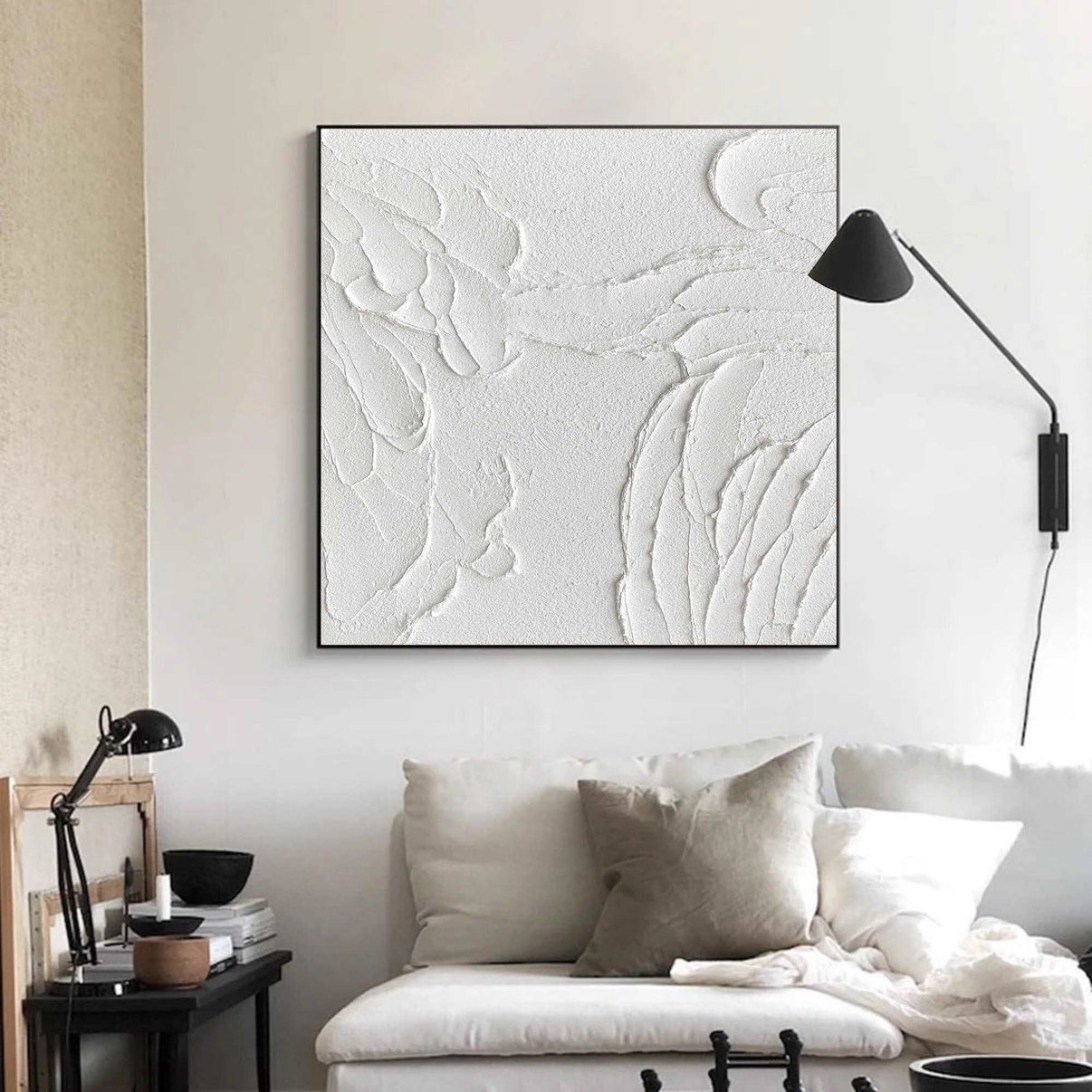 3D White Abstract Painting #ABAS50 — Front View | Abstract Oil Painting for Home Decor