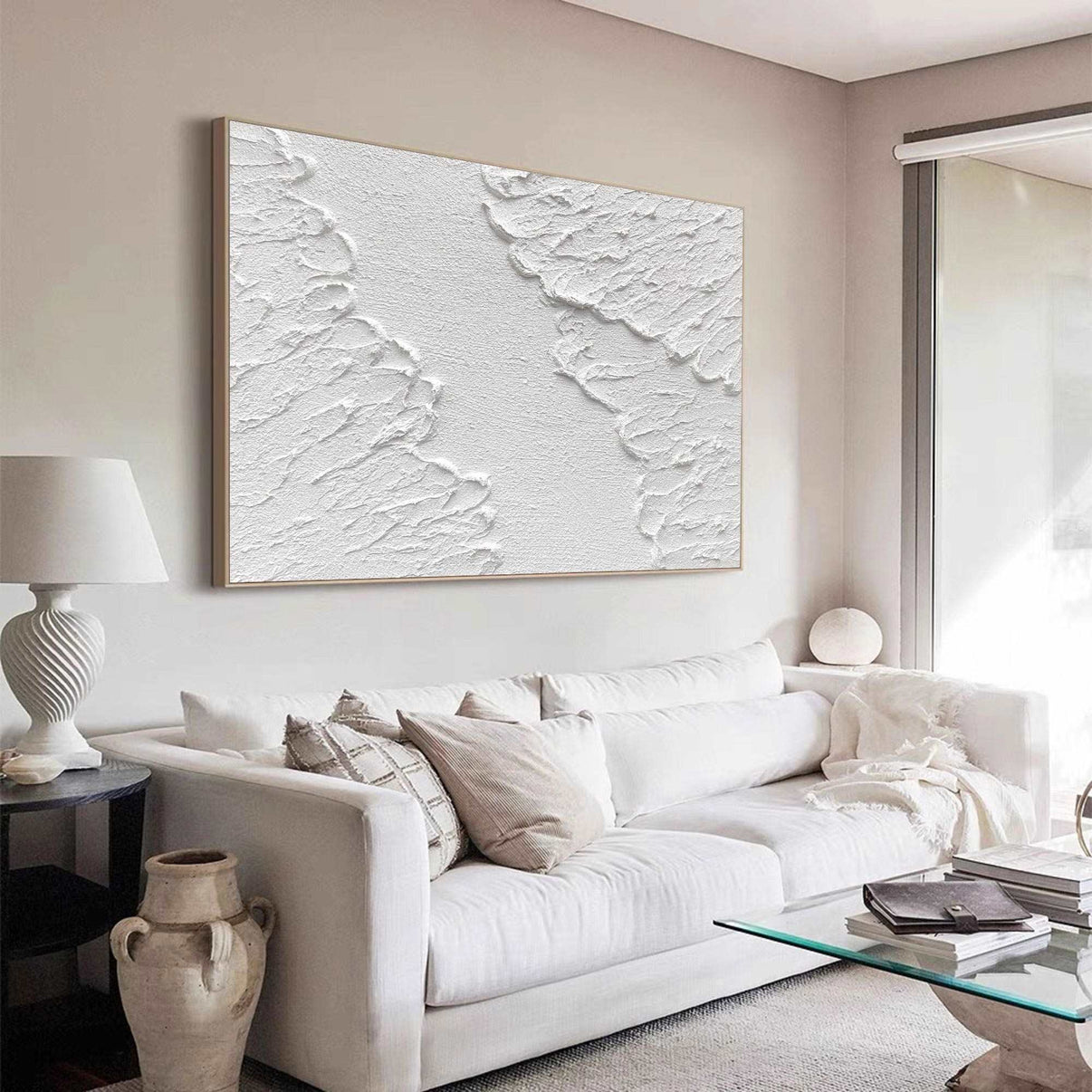 3D White Abstract Painting #ABAH45 — Front View | Abstract Oil Painting for Home Decor