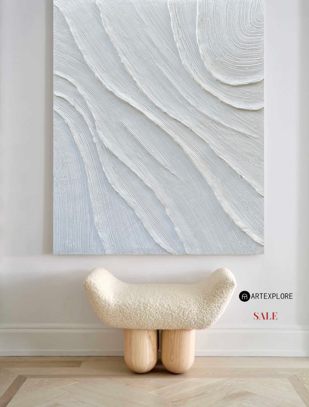3D White Abstract Painting #ABAV371 — Front View | Abstract Oil Painting for Home Decor