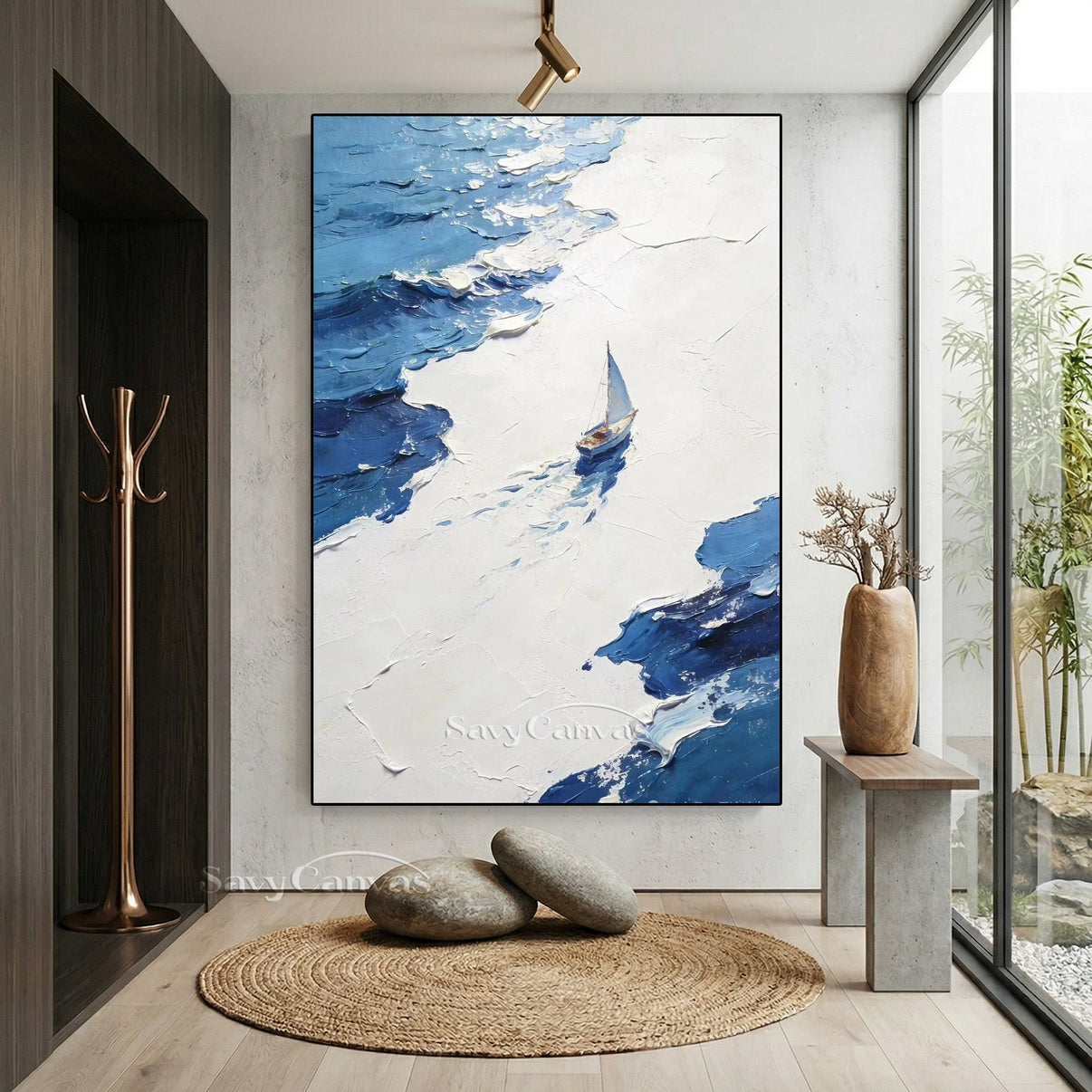 3D Textured Sailboat Seascape Oil | Blue... | Canvas Art | QSQart — Front View | Abstract Oil Painting for Home Decor