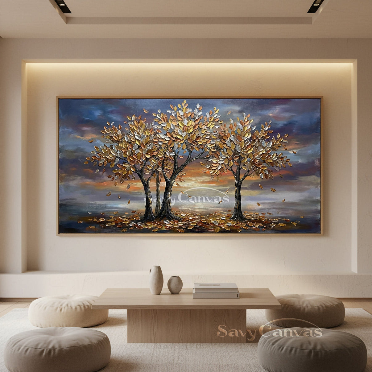 3D Textured Golden Tree Oil for Living Room... | Canvas Art | QSQart — Front View | Abstract Oil Painting for Home Decor