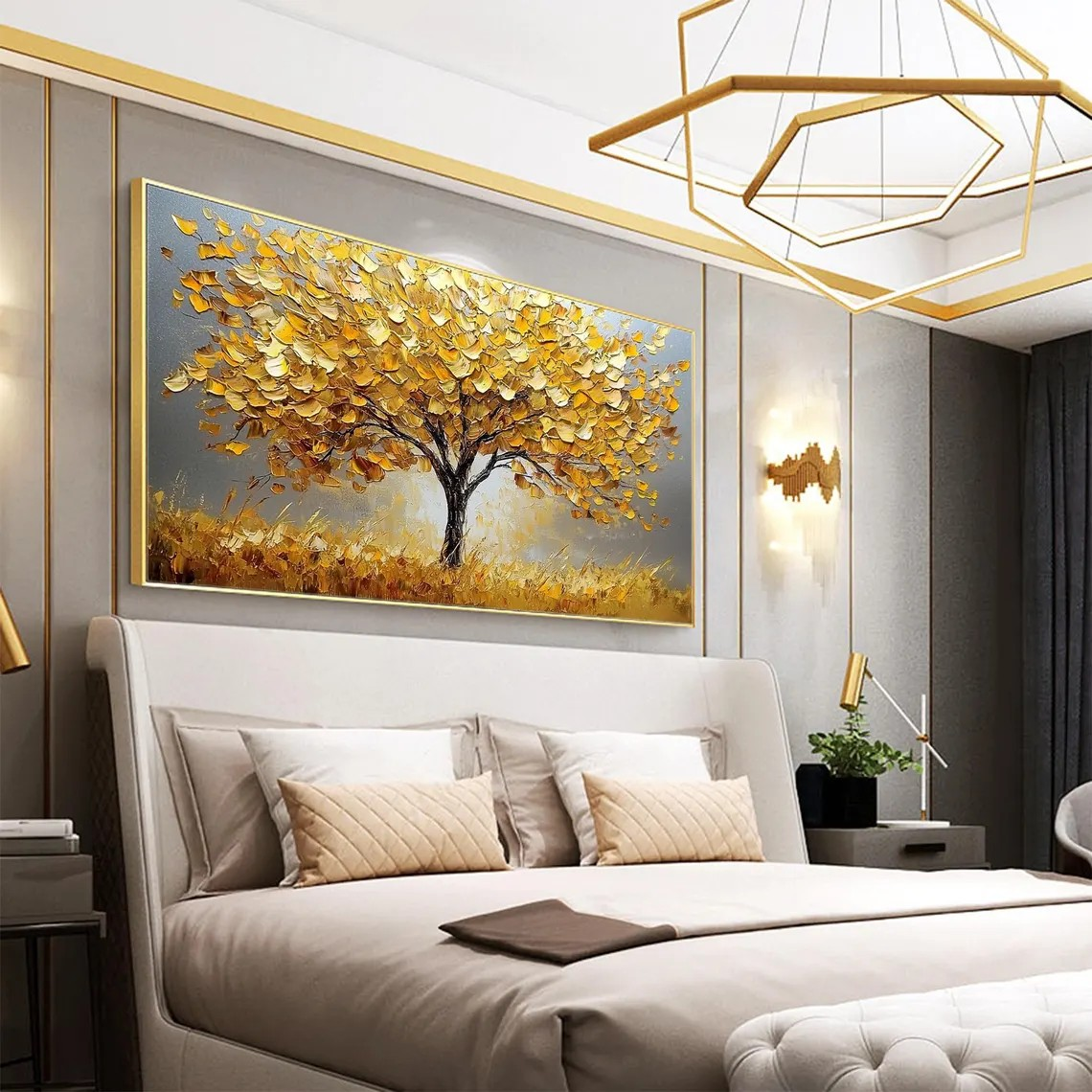 Abstract Golden Tree Canvas Wall Art #BGA 053 — Front View | Abstract Oil Painting for Home Decor