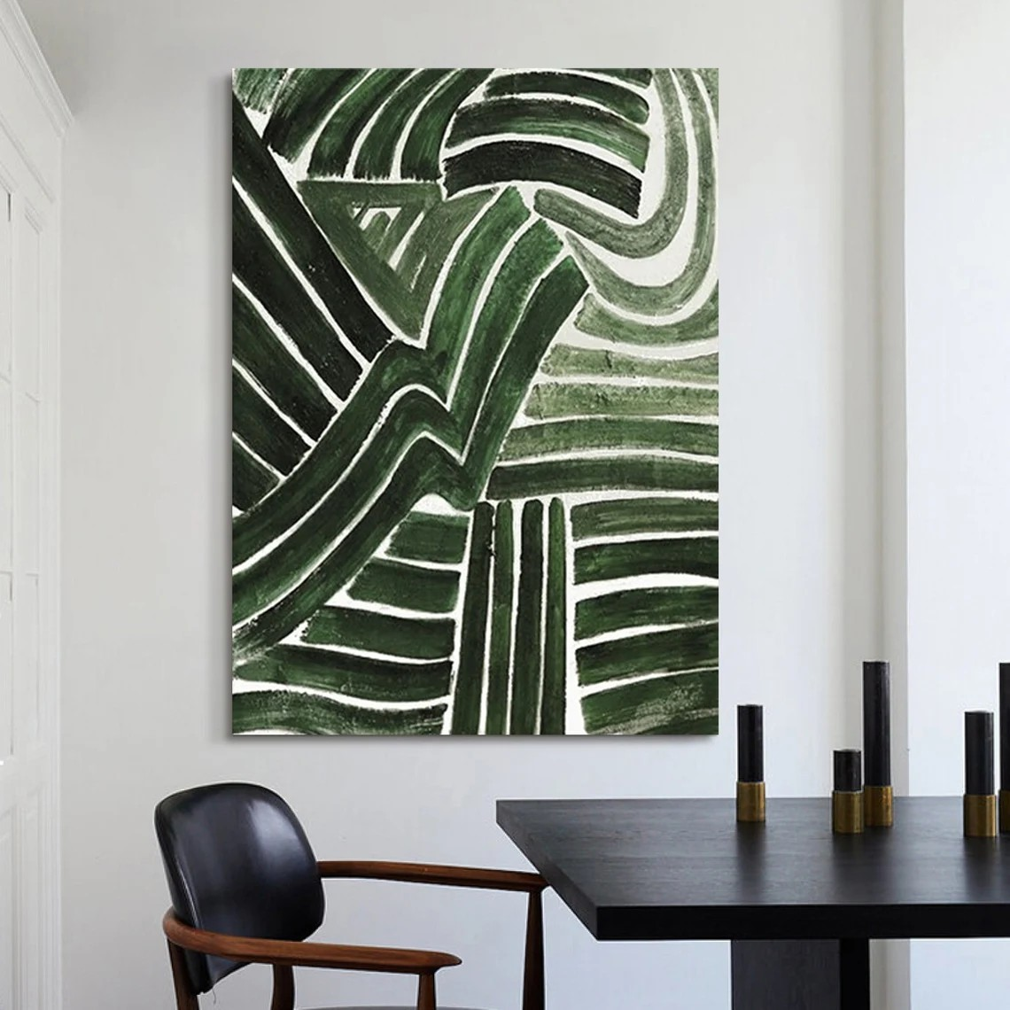 Abstract Green and White Lines, Minimalist Modern Wall Decor #BGA 152 — Front View | Abstract Oil Painting for Home Decor