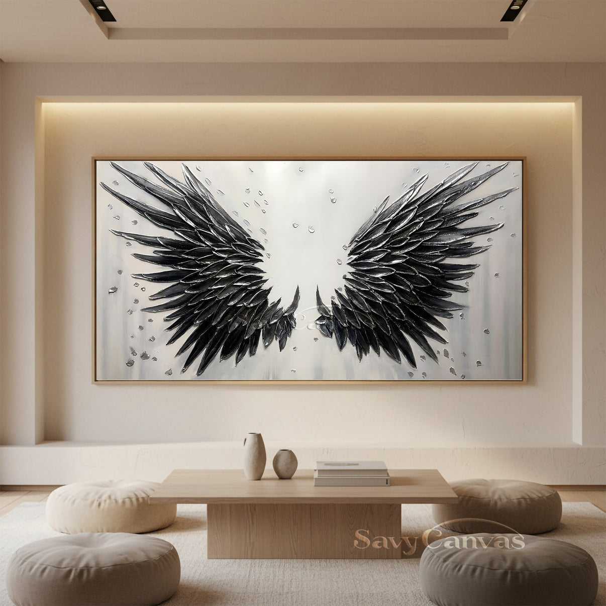 3D Textured Black Angel Wings Hand-Painted Oil Painting #SS 027 — Front View | Abstract Oil Painting for Home Decor