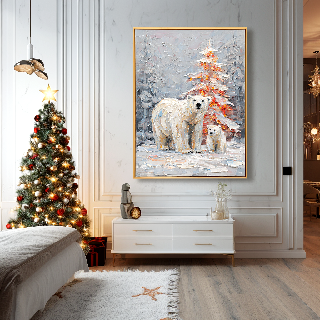 Arctic Glow – Polar Bear Family Textured Christmas Oil Painting — Front View | Abstract Oil Painting for Home Decor