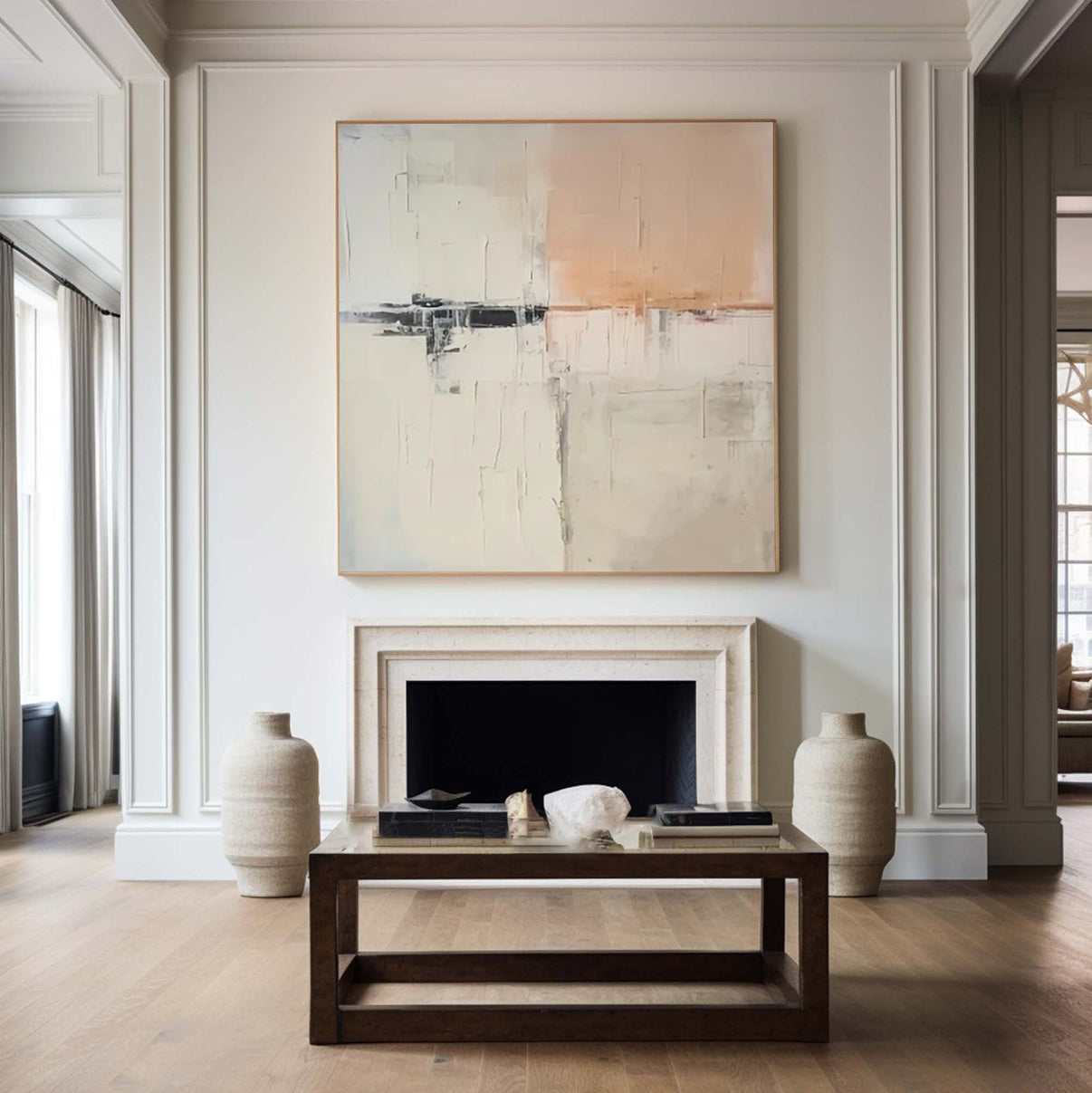Abstract Peach & Black Art, Scandinavian Modern Wall Decor #BGA 219 — Front View | Abstract Oil Painting for Home Decor