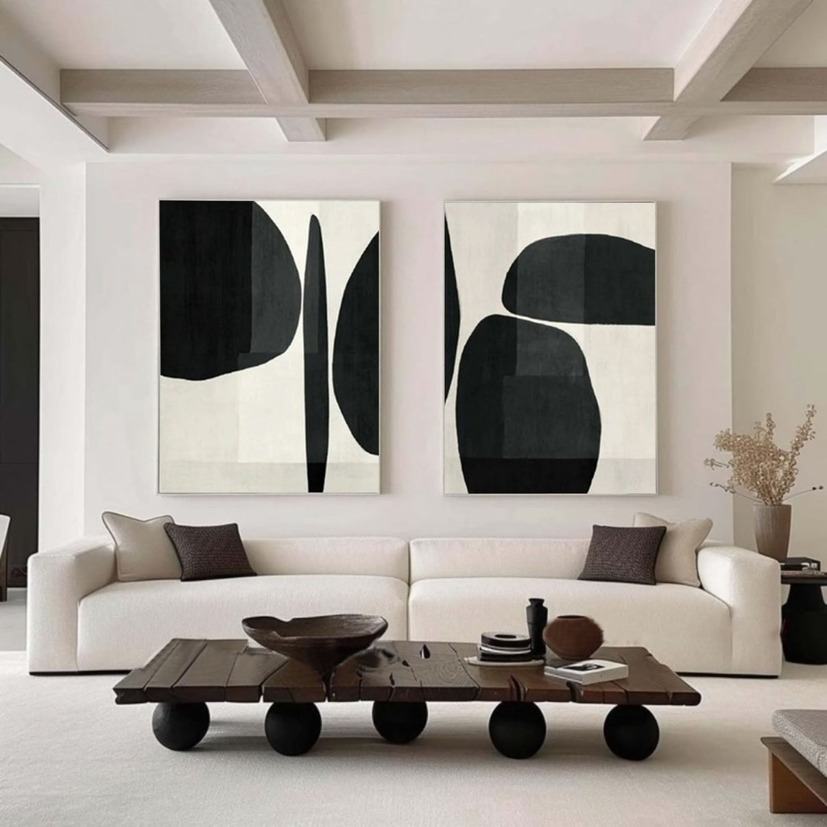 Abstract Geometric Canvas Art Black and White Painting Set of 2 #BW... — Front View | Abstract Oil Painting for Home Decor