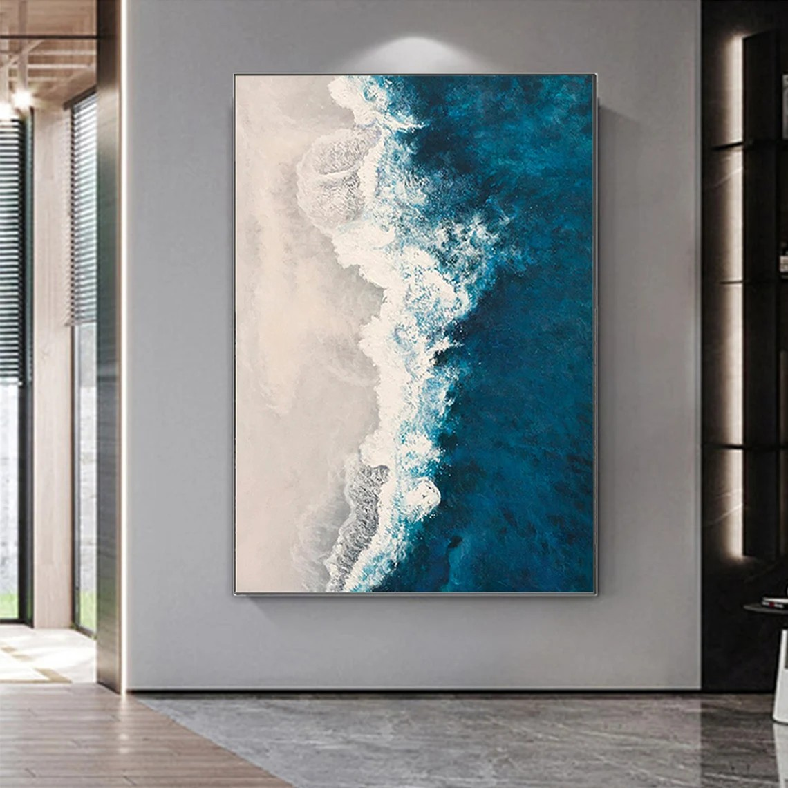 3D Vibrant Blue & White Ocean — Front View | Abstract Oil Painting for Home Decor