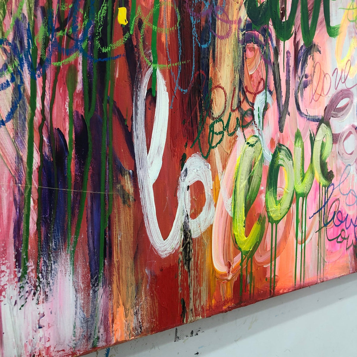 Abstract colorful romantic painting LOVE GRAFFITI — Front View | Abstract Oil Painting for Home Decor