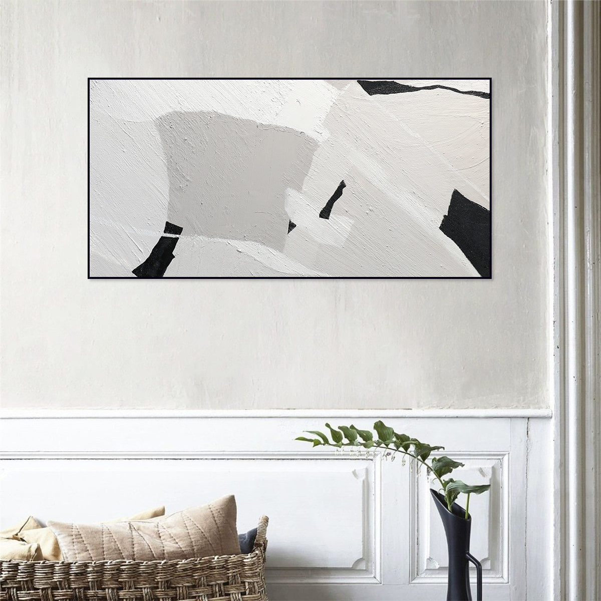 Abstract Contours: Textured Black and White Art — Front View | Abstract Oil Painting for Home Decor