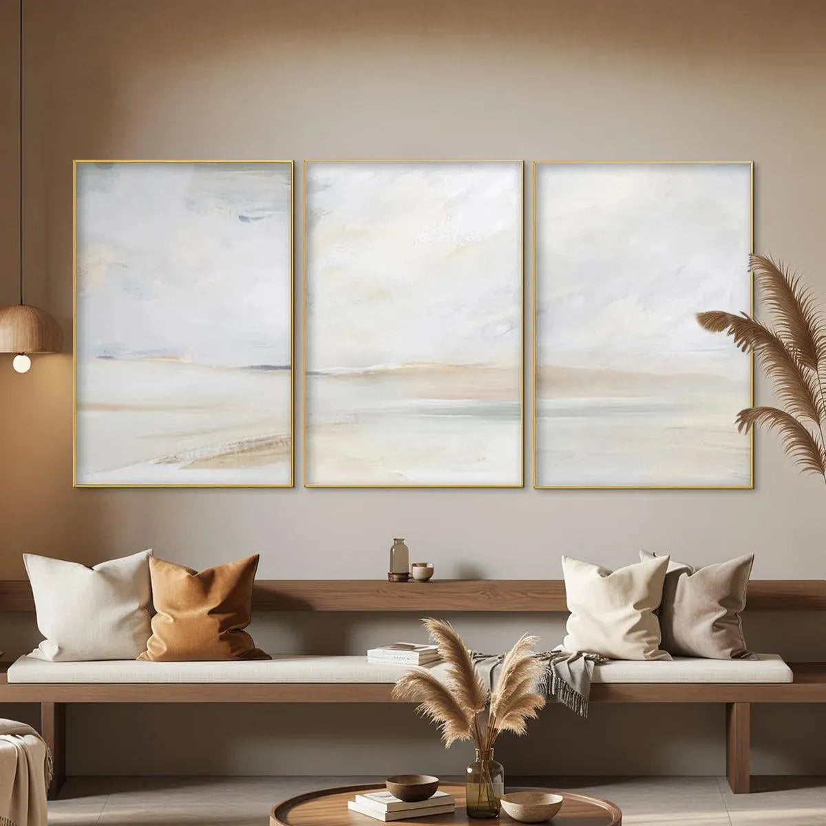 ABSTRACT BEACH TRIPTYCH: Minimalist Beach Painting Set of 3 — Front View | Abstract Oil Painting for Home Decor