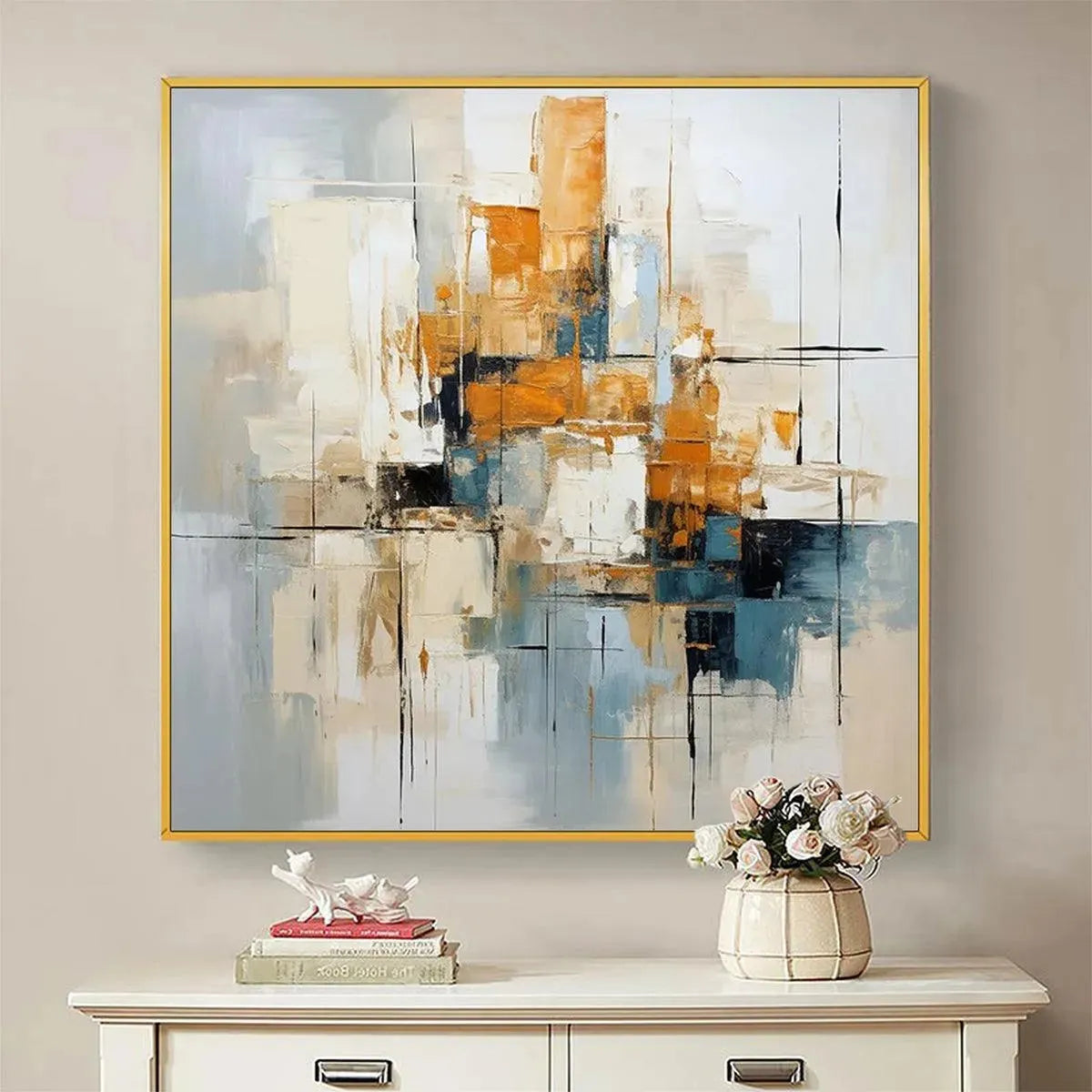 ABSTRACT CITYSCAPE: Textured Geometric Abstract Painting, Square Wa... — Front View | Abstract Oil Painting for Home Decor