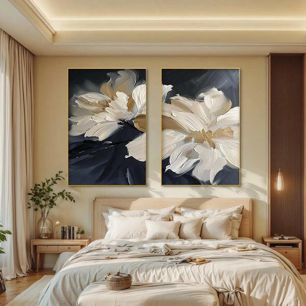 ABSTRACT FLORAL DIPTYCH: Textured Floral Painting Set of 2, Vertica... — Front View | Abstract Oil Painting for Home Decor