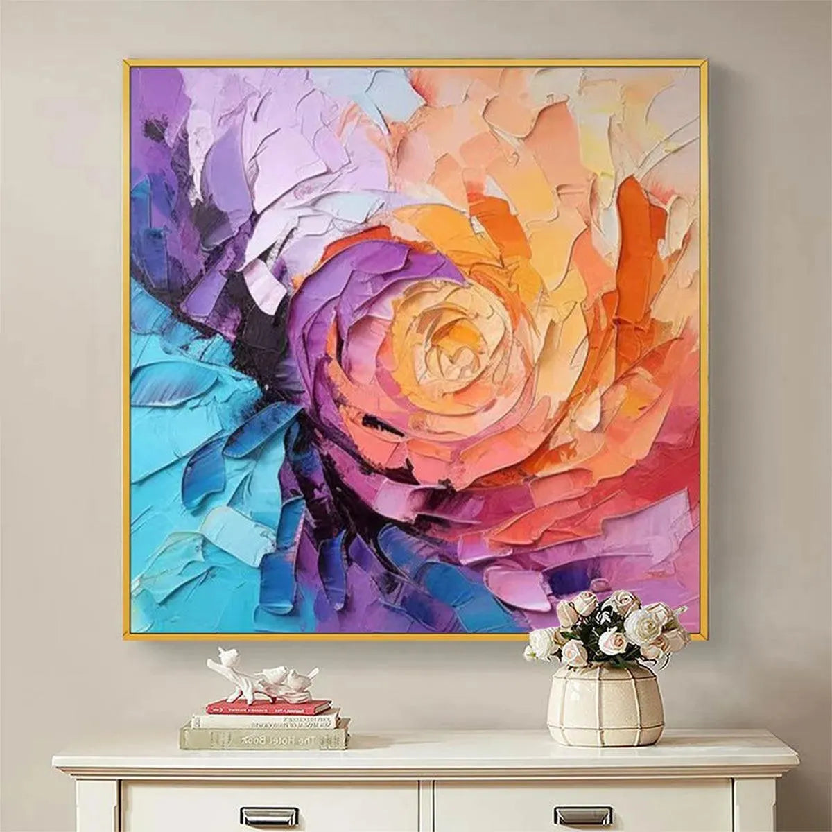 ABSTRACT ROSE: Textured Floral Painting, Impasto Wall Art, Square C... — Front View | Abstract Oil Painting for Home Decor