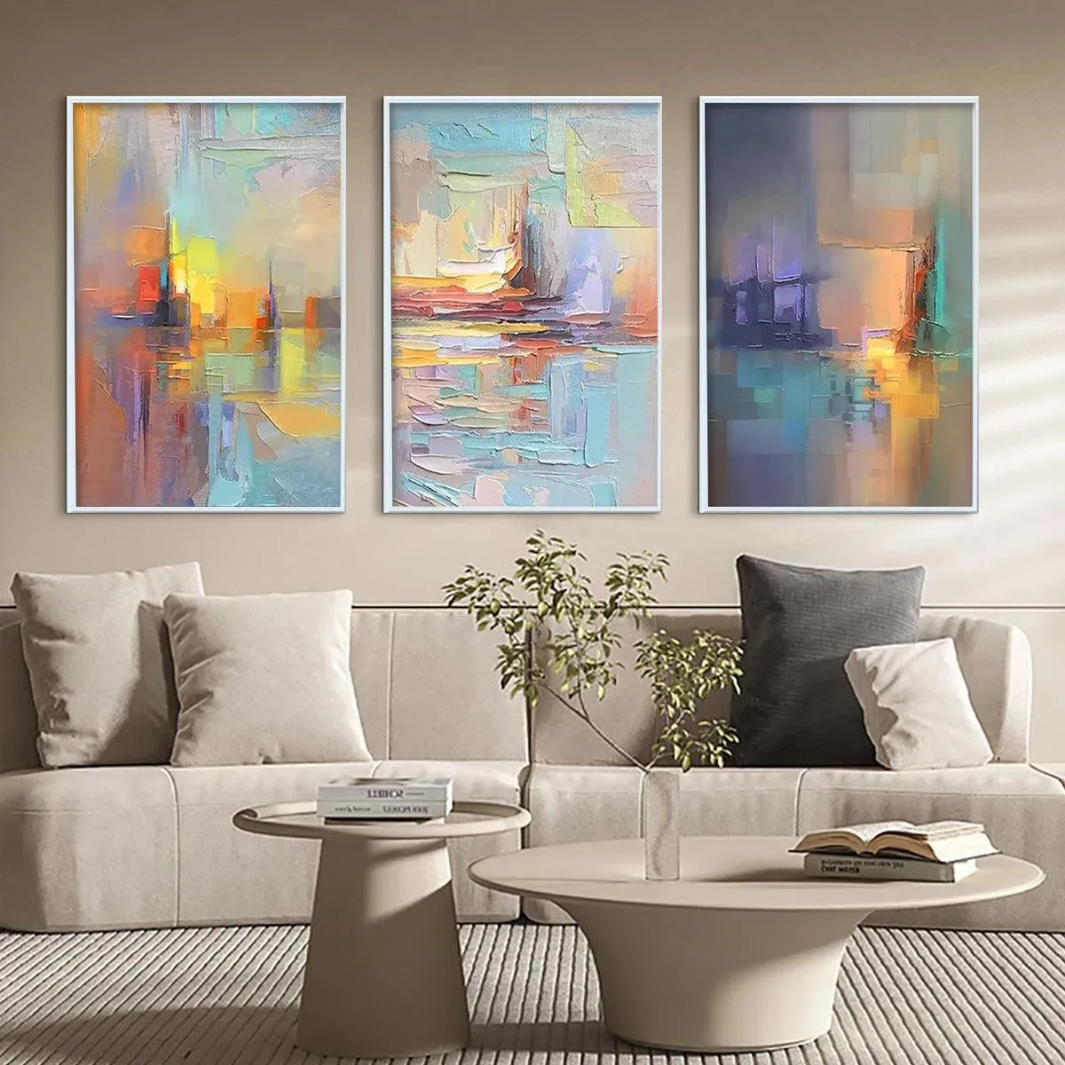 ABSTRACT SEASCAPE TRIPTYCH: Impasto Seascape Painting Set of 3 — Front View | Abstract Oil Painting for Home Decor