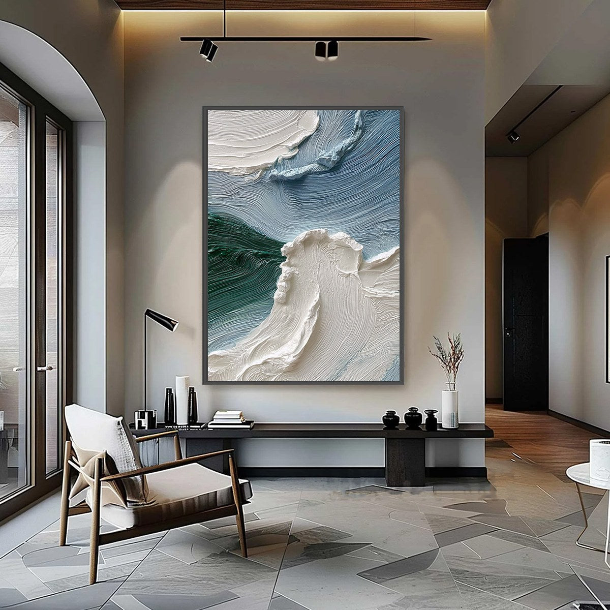 AEGEAN CREST: Heavily Textured Wabi Sabi Abstract Seascape Painting — Front View | Abstract Oil Painting for Home Decor