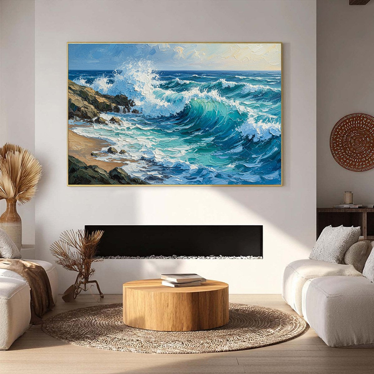 AEGEAN CREST: Textured Crashing Ocean Wave Oil Painting — Front View | Abstract Oil Painting for Home Decor