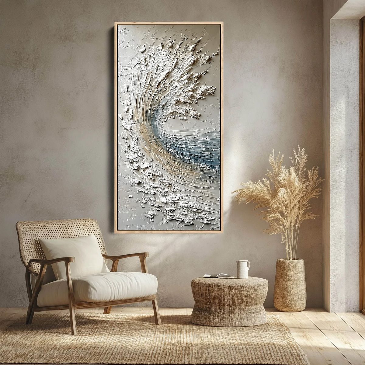 AEGEAN CREST: Vertical Textured Impasto Ocean Wave Painting — Front View | Abstract Oil Painting for Home Decor