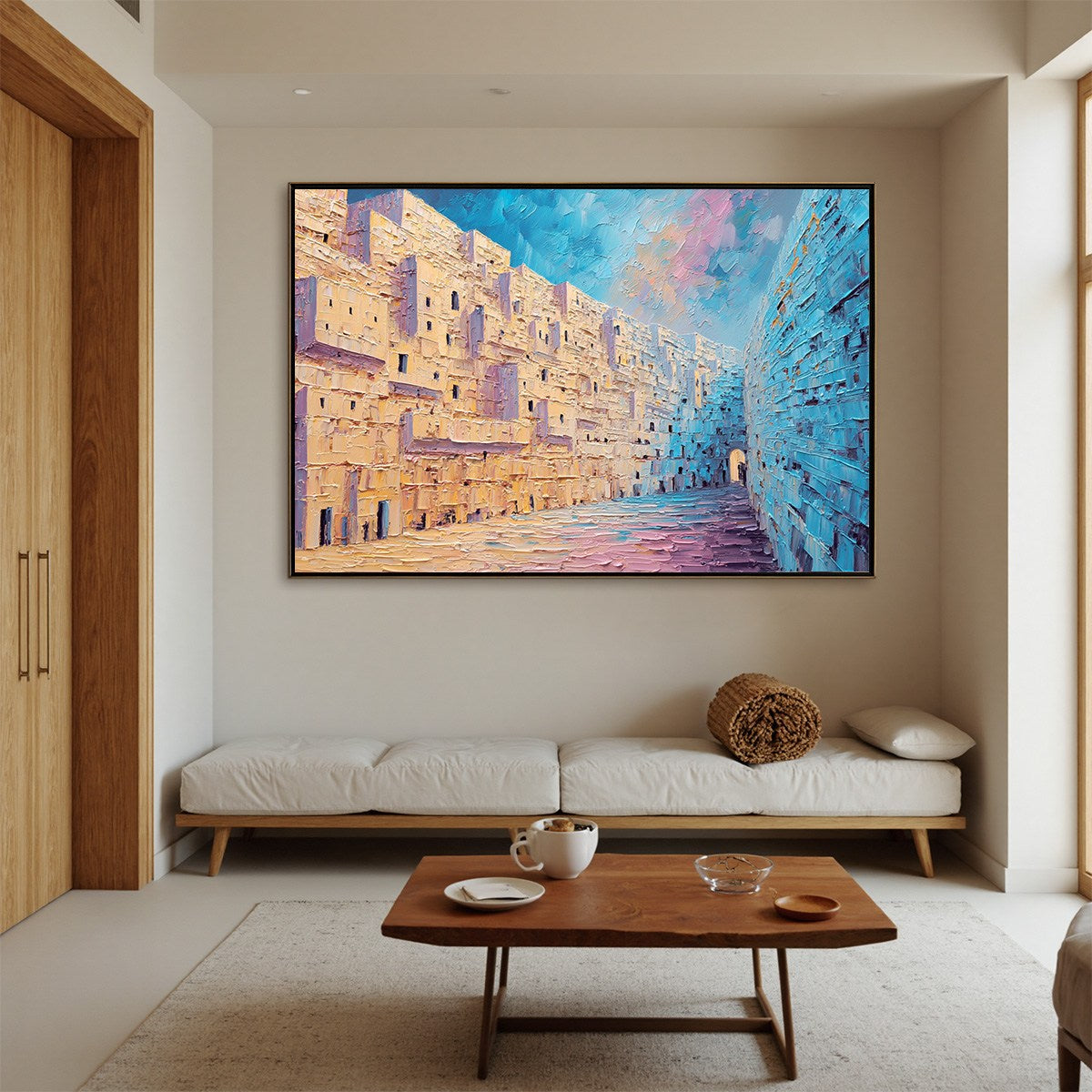 AEGEAN PASSAGE: Heavily Textured Palette Knife Cityscape Wall Art — Front View | Abstract Oil Painting for Home Decor