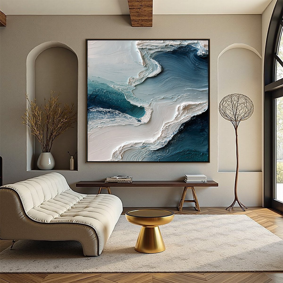 AEGEAN TIDE: Textured Wabi Sabi Abstract Seascape Painting — Front View | Abstract Oil Painting for Home Decor