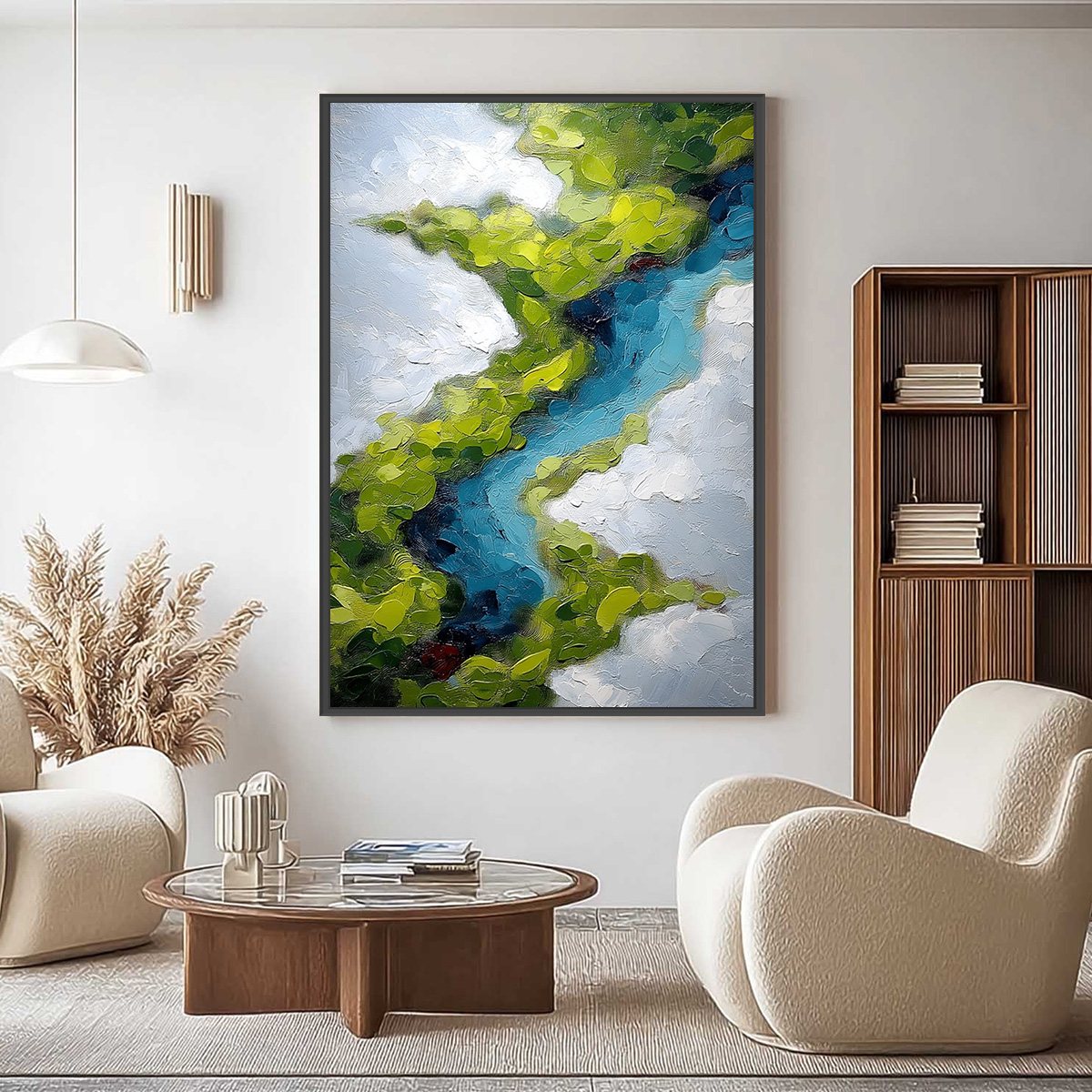 AERIAL REVERIE: Textured Abstract Aerial River Landscape Painting — Front View | Abstract Oil Painting for Home Decor