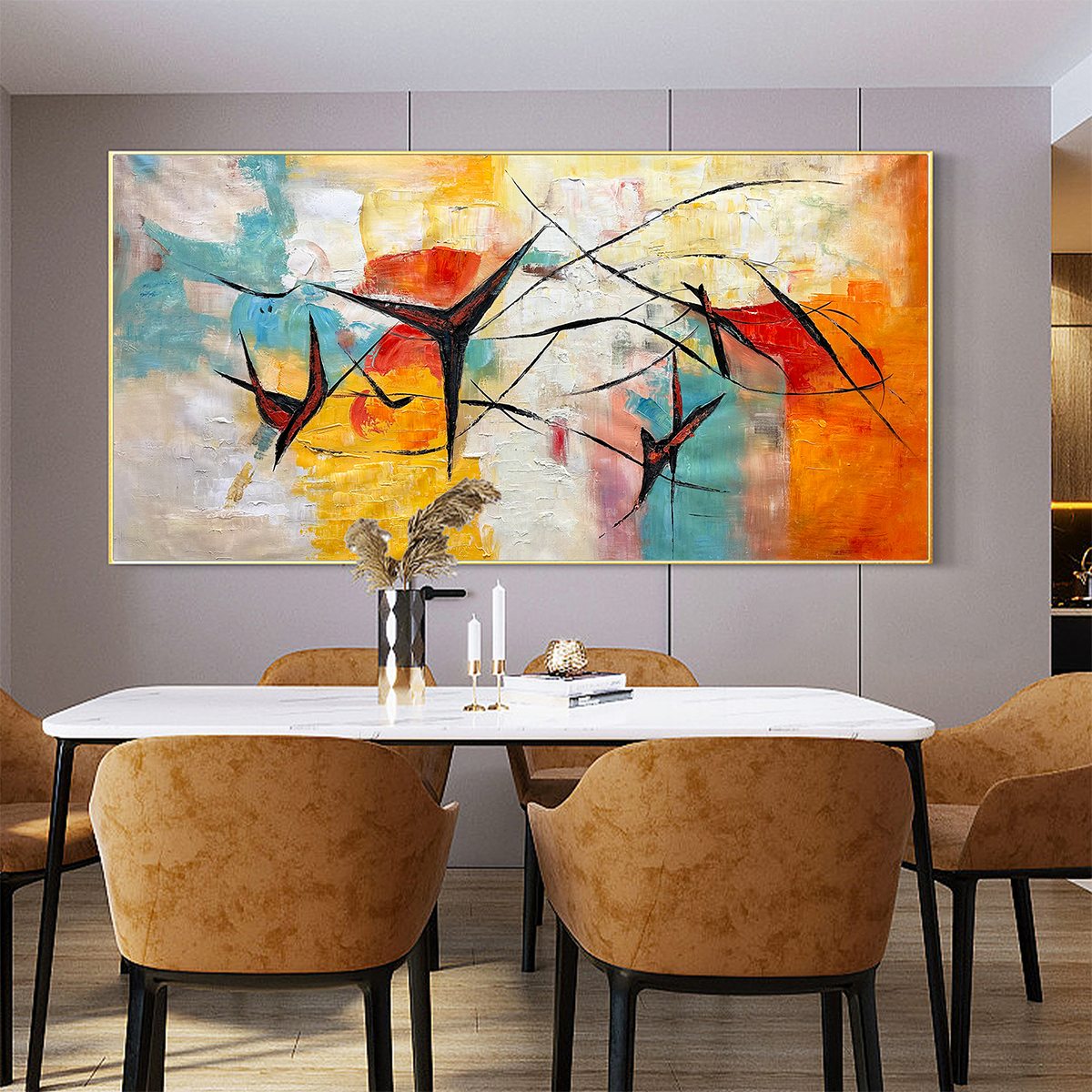 AERIAL DANCE: Abstract Colorful Oil Painting with Dynamic Lines — Front View | Abstract Oil Painting for Home Decor