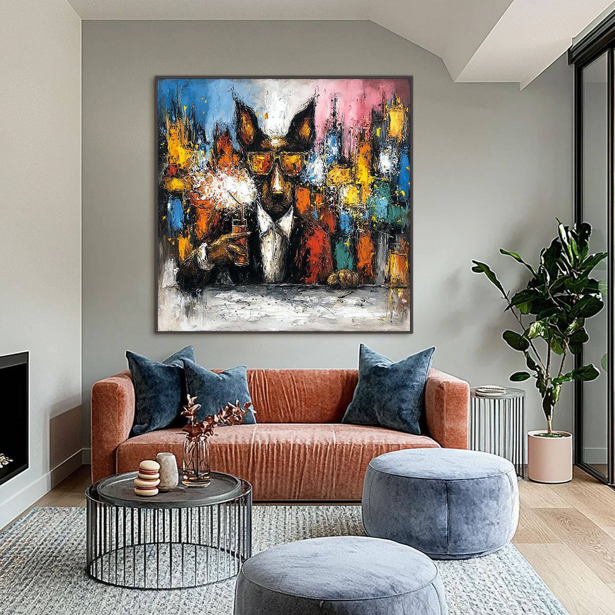 AFTER HOURS Abstract Dog Oil Painting | Colorful Modern Art — Front View | Abstract Oil Painting for Home Decor
