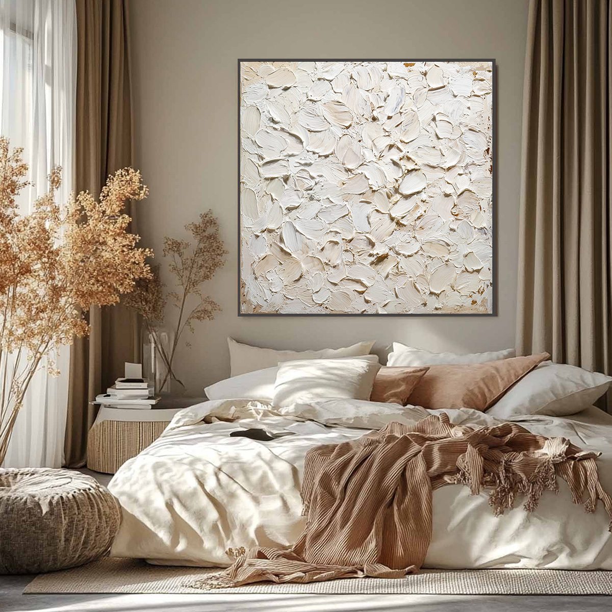ALABASTER PETALS: Textured Wabi Sabi Abstract Impasto Painting — Front View | Abstract Oil Painting for Home Decor
