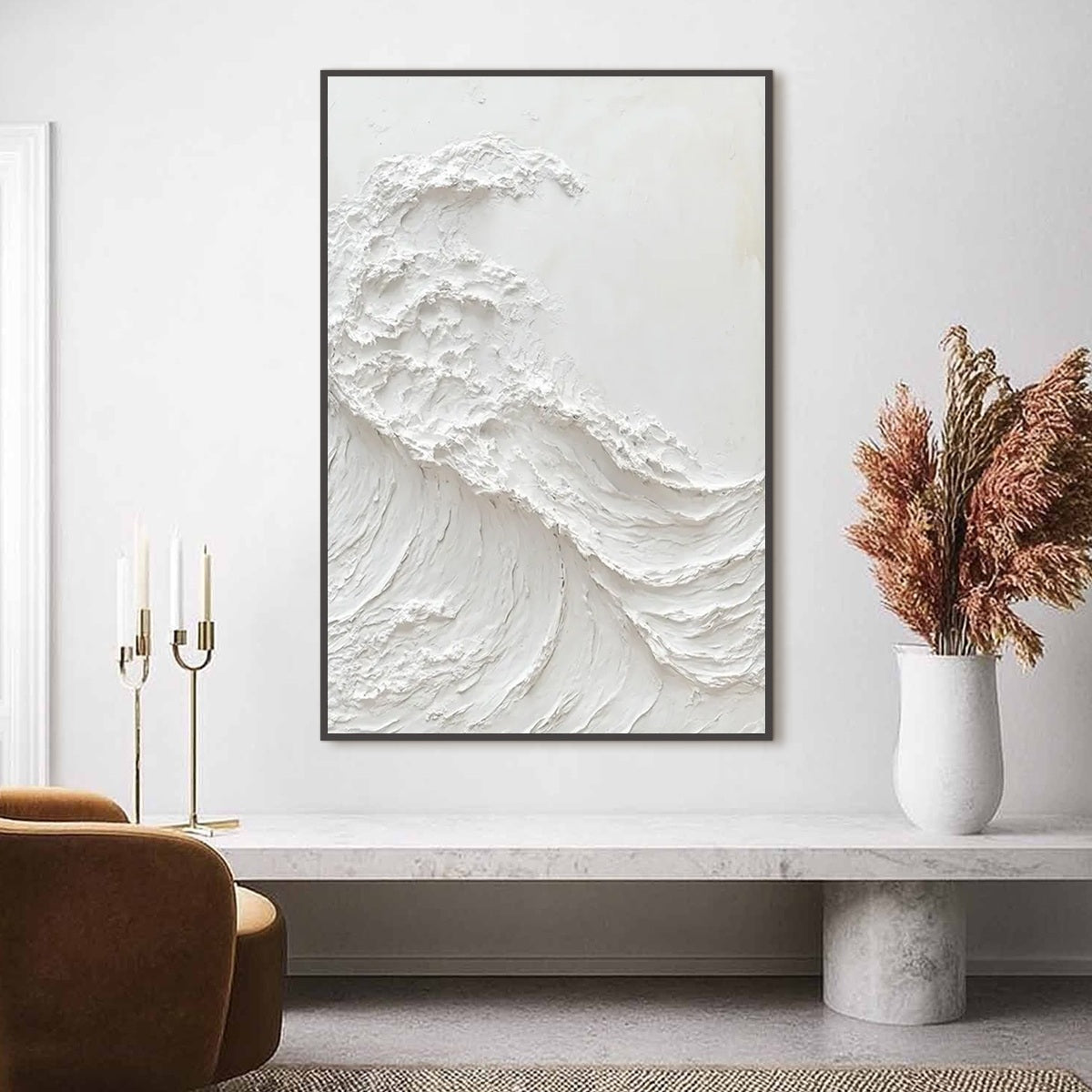 ALABASTER SWELL: Minimalist Textured Coastal Oil Painting — Front View | Abstract Oil Painting for Home Decor