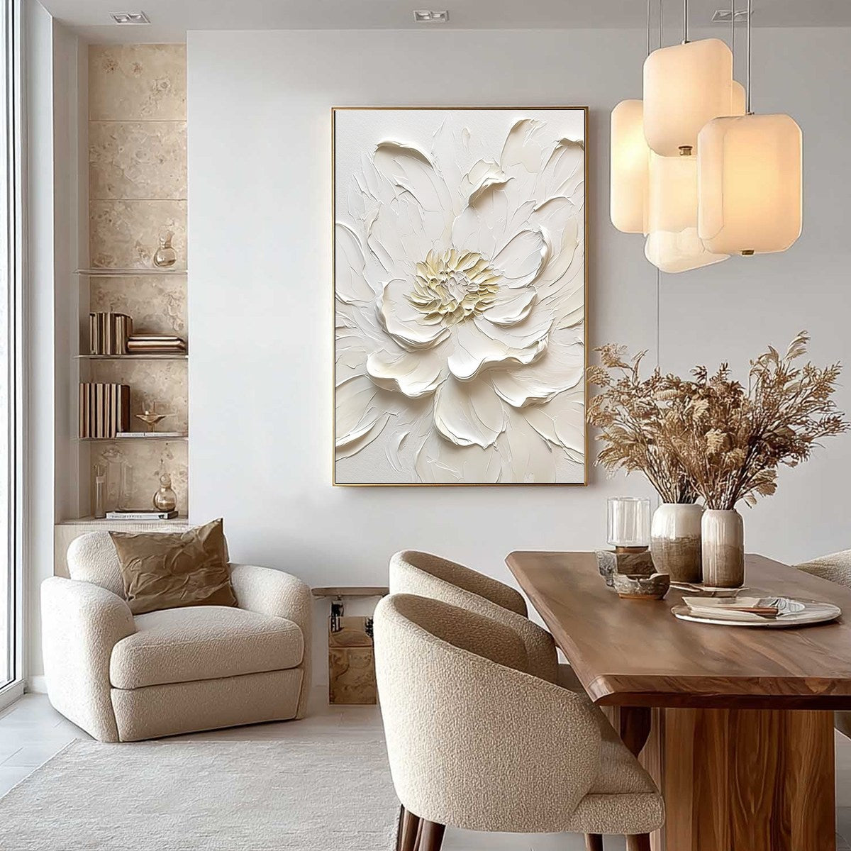 ALABASTER BLOOM: Textured Impasto Peony Flower Painting — Front View | Abstract Oil Painting for Home Decor